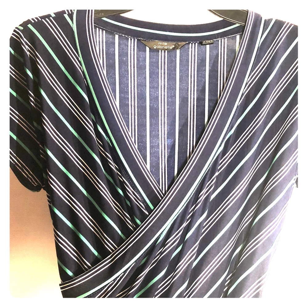 Short Sleeve Navy Blue/White & Green Stripes
